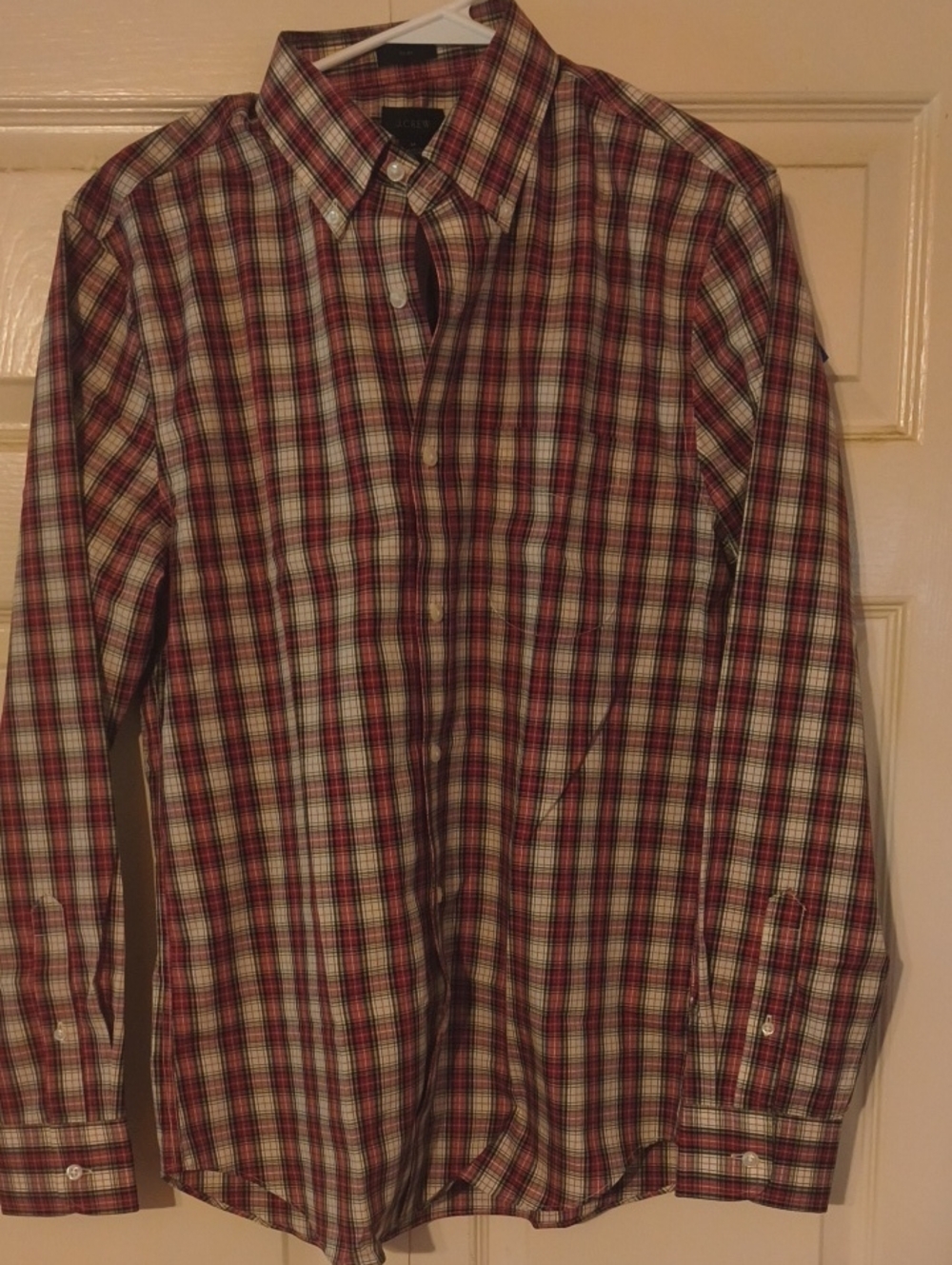 J. Crew Men's Long-Sleeve Plaid Button-Down Shirt - Red, White, Green M Slim Cut